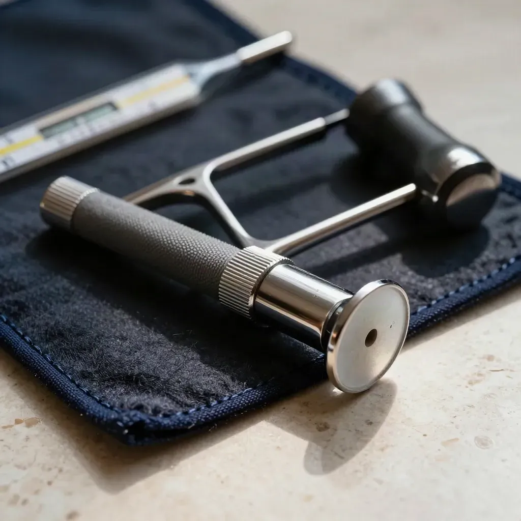 Macro veterinary tools in a felt roll: otoscope, reflex hammer, thermometer case and hemostat in dramatic light.
