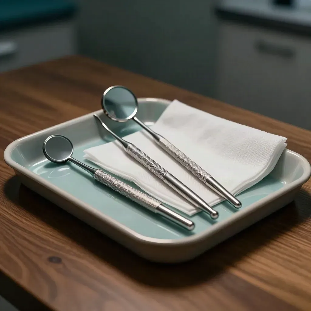Dental tools on a tray in a dramatic veterinary still life, lit with hard side light.