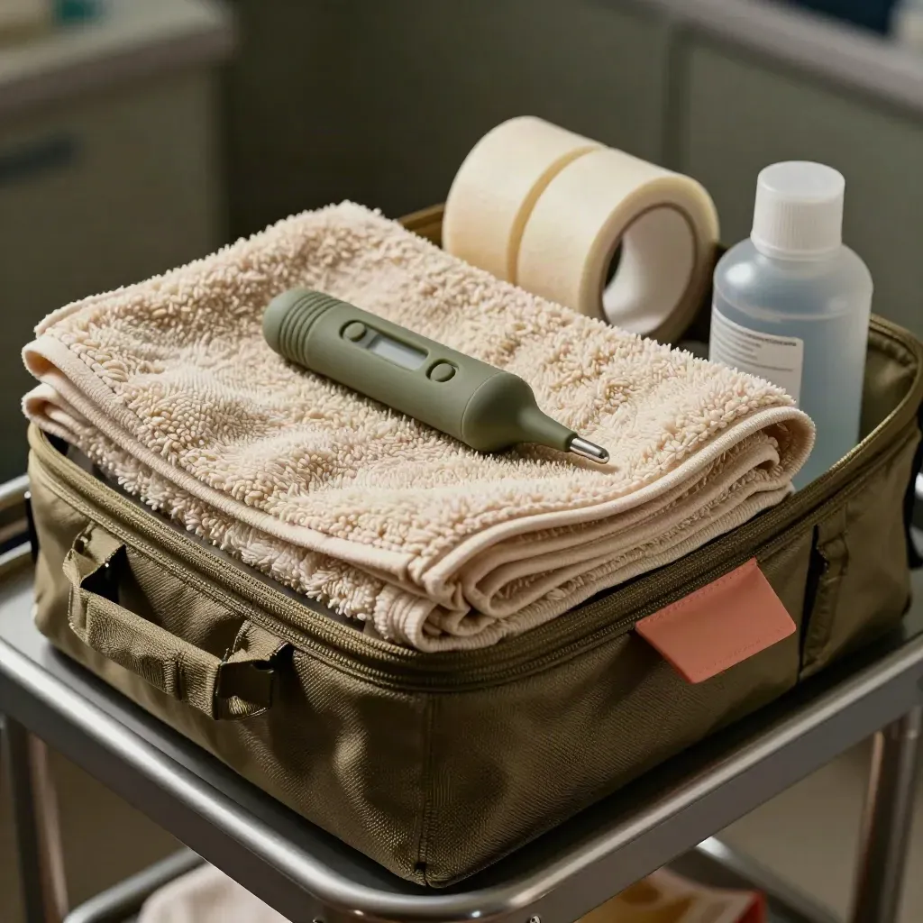 Macro of recovery towels, thermometer sleeve, tape and saline bottle in a vet utility caddy.