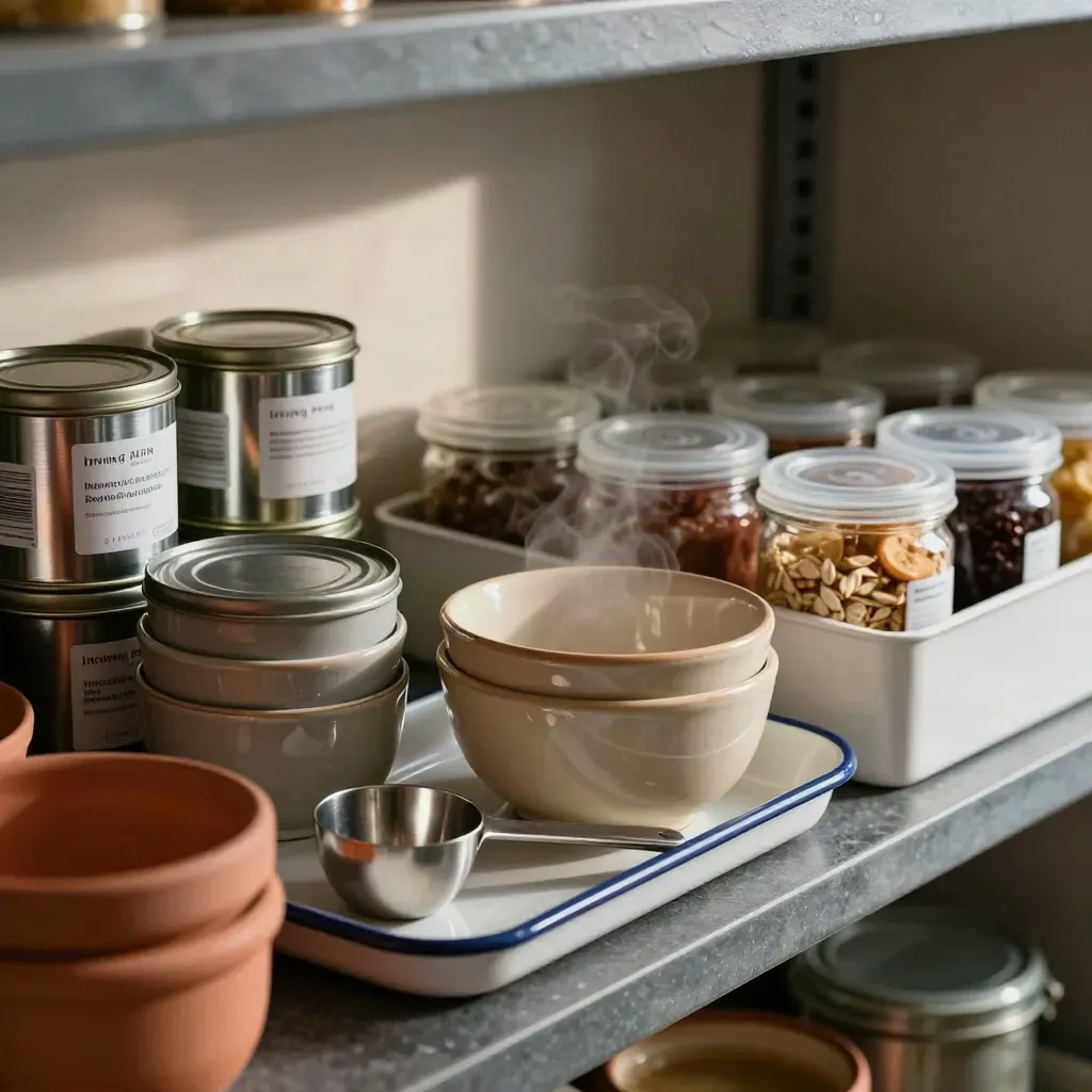 Clinic feeding shelf with pet food tins, bowls, scoop, treat jars, and storage caddy