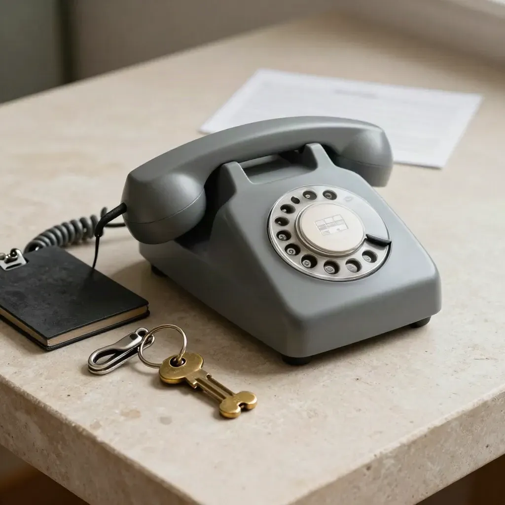 Desk phone with tablet, key ring, bone tag and leash clip on a stone desk