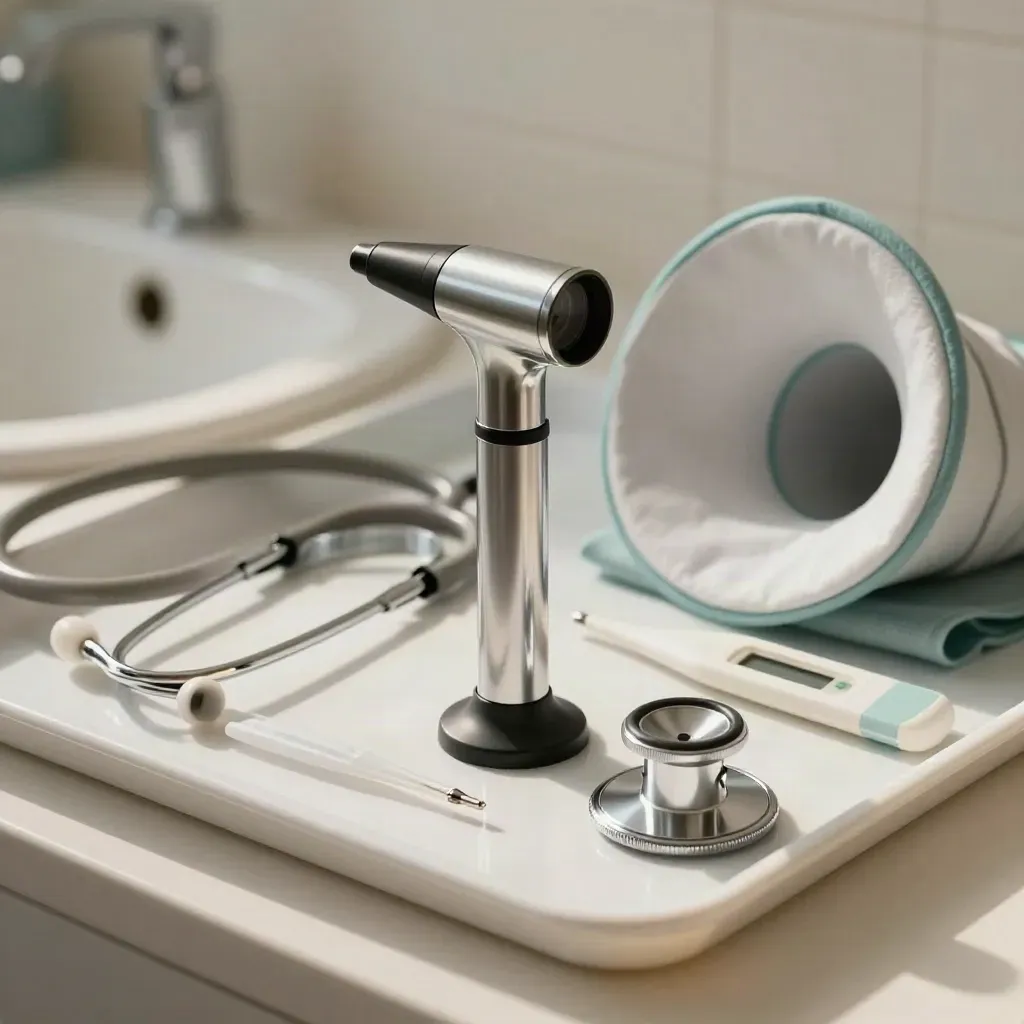 Otoscope, stethoscope chestpiece, thermometer case and soft cone collar on a clinic tray.