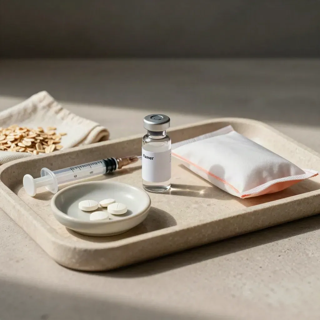 Veterinary meds and care supplies arranged on a pale stone tray with cloth.