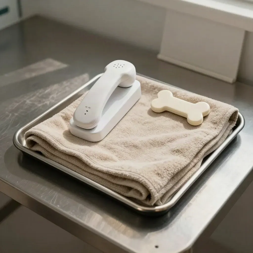 Overhead veterinary follow-up flatlay with scale corner, blanket, phone dock, bone magnet.