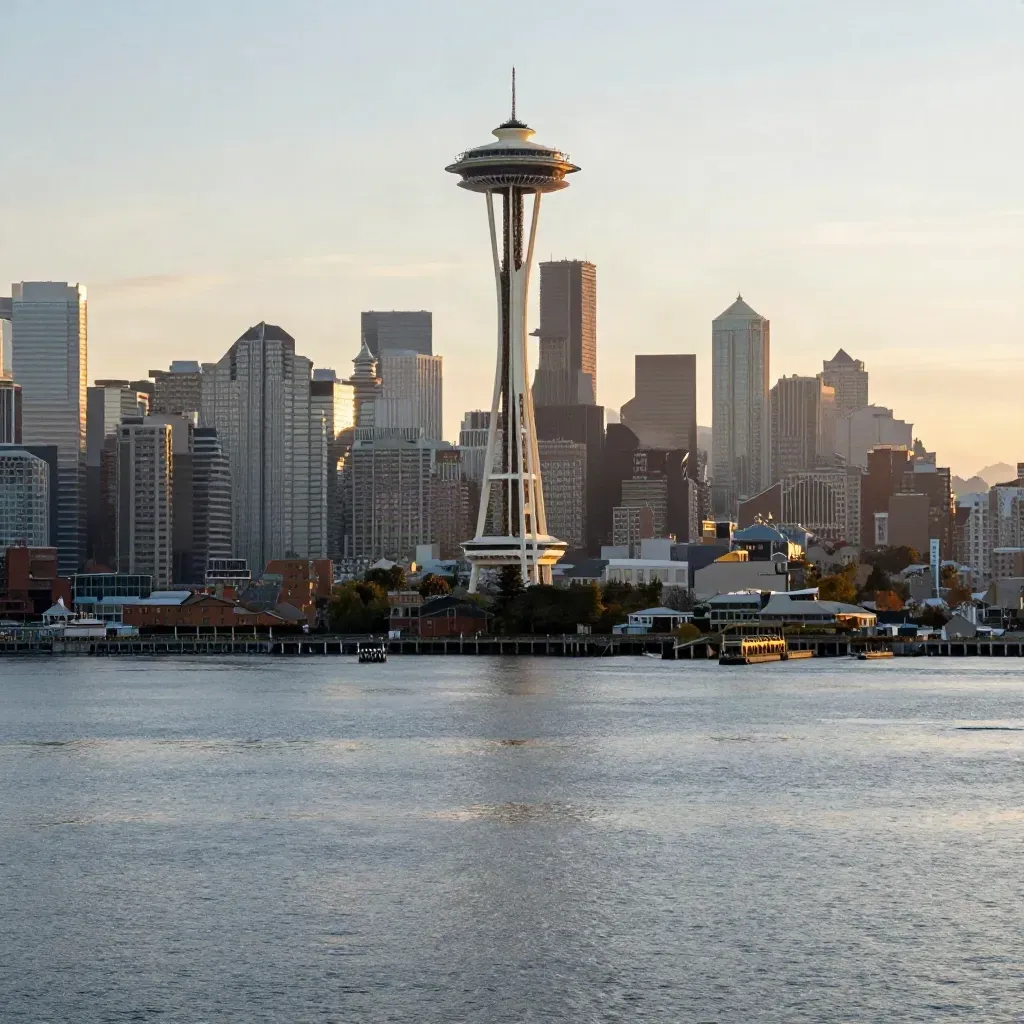 Seattle skyline and Space Needle above a calm waterfront at golden hour, haze and warm light