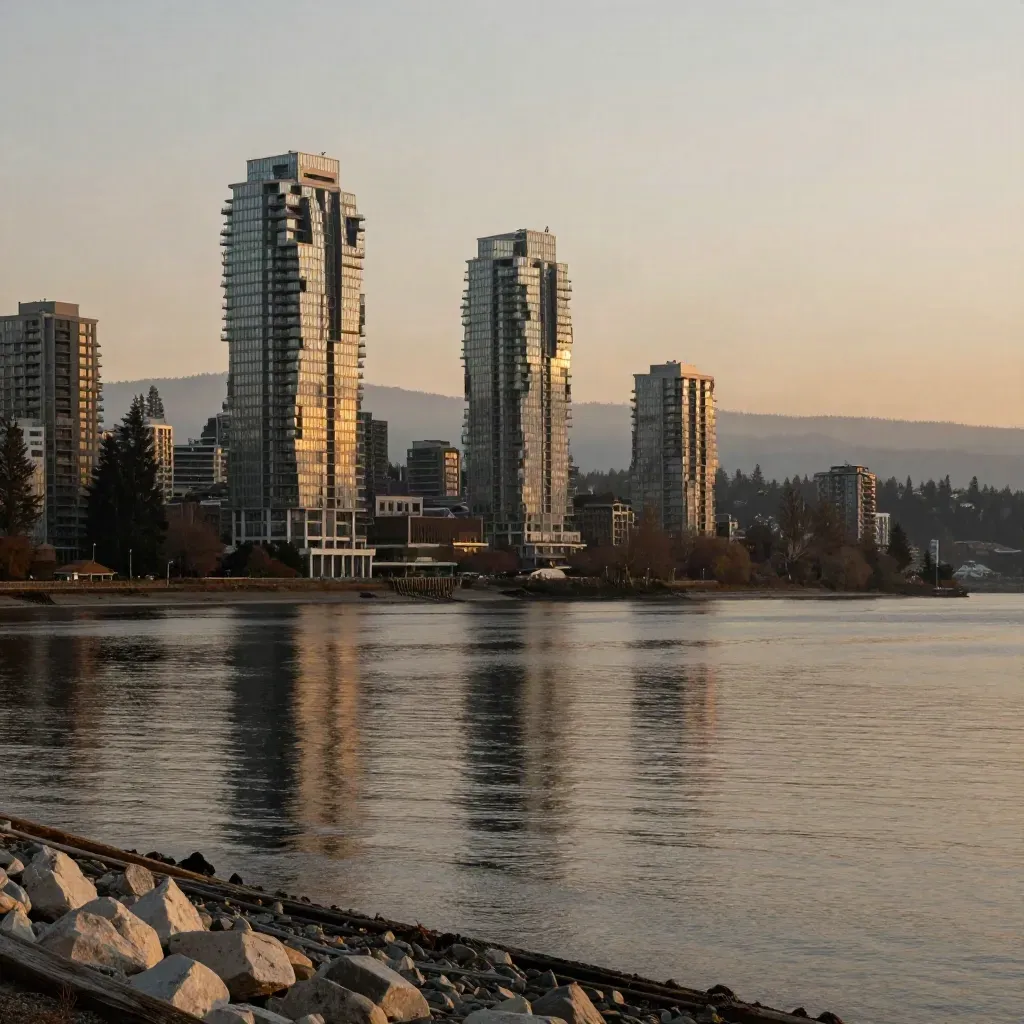 Bellevue and Redmond towers over a calm reflective shoreline at golden hour.