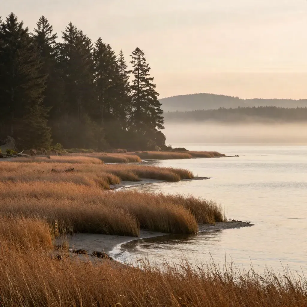 Mist lifting over North King County shoreline, marsh grasses, and low hills at peach sunset.