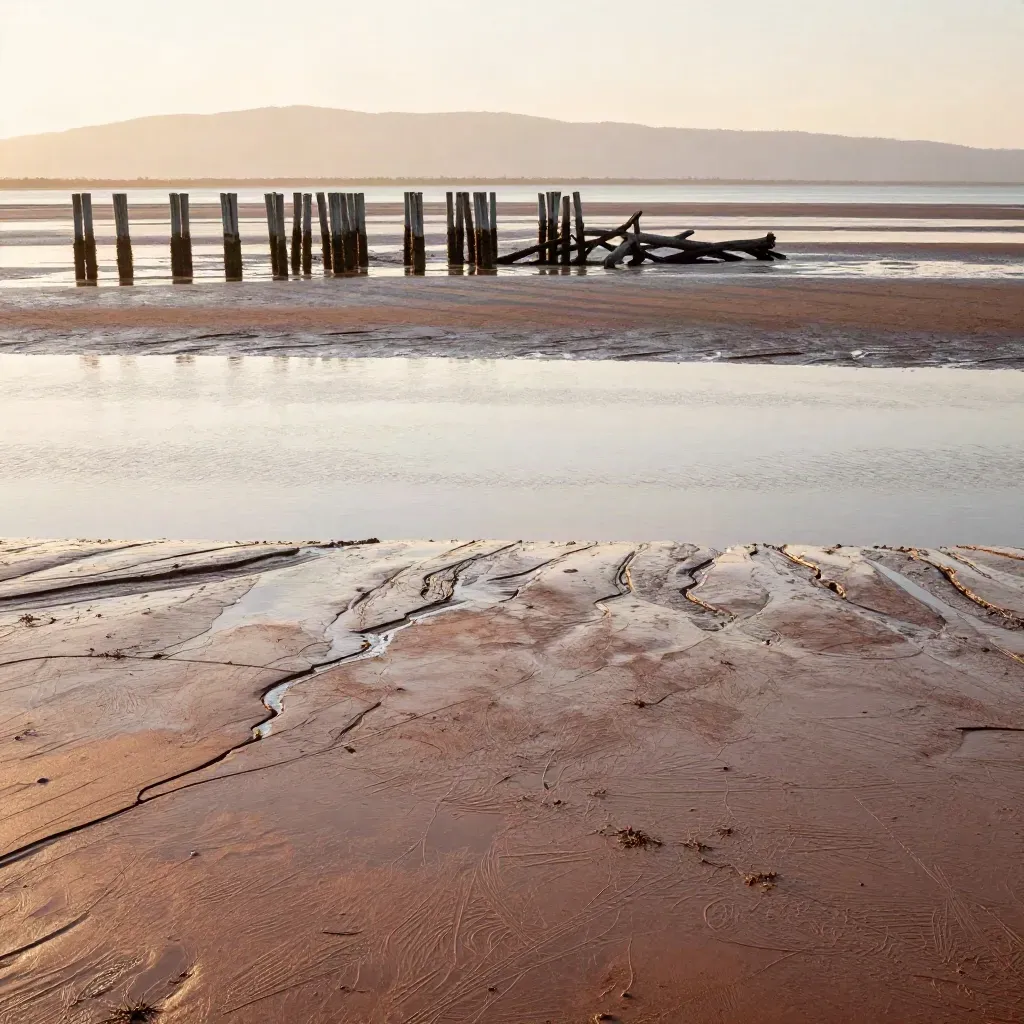 South Sound mudflats with pilings, driftwood, and hazy mountains at sunset