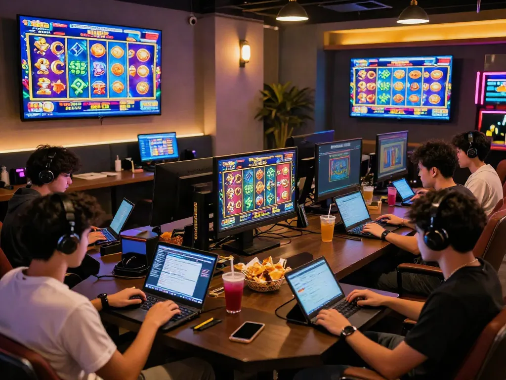 Players enjoying slot resmi games in a vibrant gaming lounge with multiple screens and real-time stats.