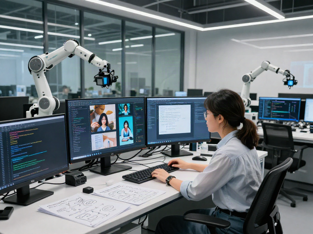 AI Image Detection in a modern research lab with a data scientist analyzing visuals on a touchscreen display.