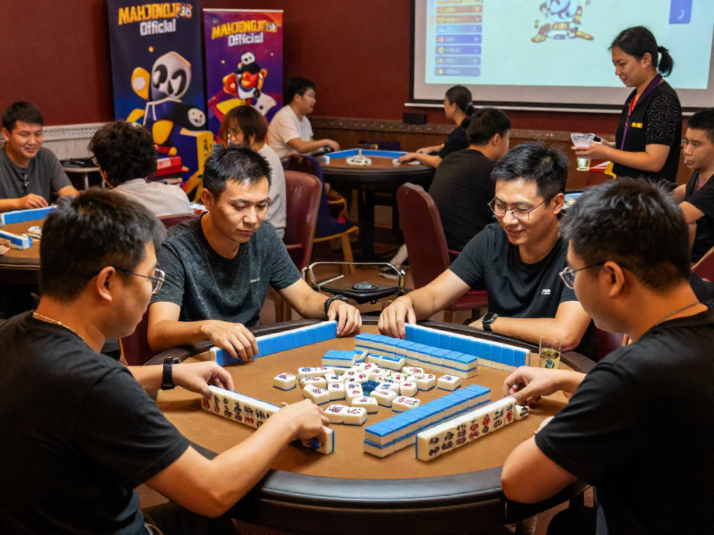 Players enjoying a vibrant Mahjong game at MAHJONGJP88 Official tournament, showcasing excitement and strategy.