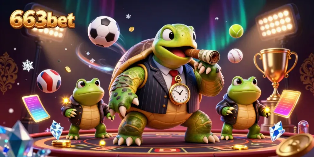 Experience the vibrant gameplay of 663bet with a dynamic casino scene featuring charming characters and sports elements.