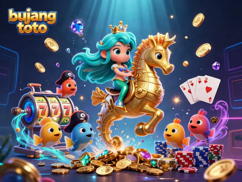 Win big with bujang toto as the charming mermaid princess rides a golden seahorse in a vibrant casino-themed underwater scene.