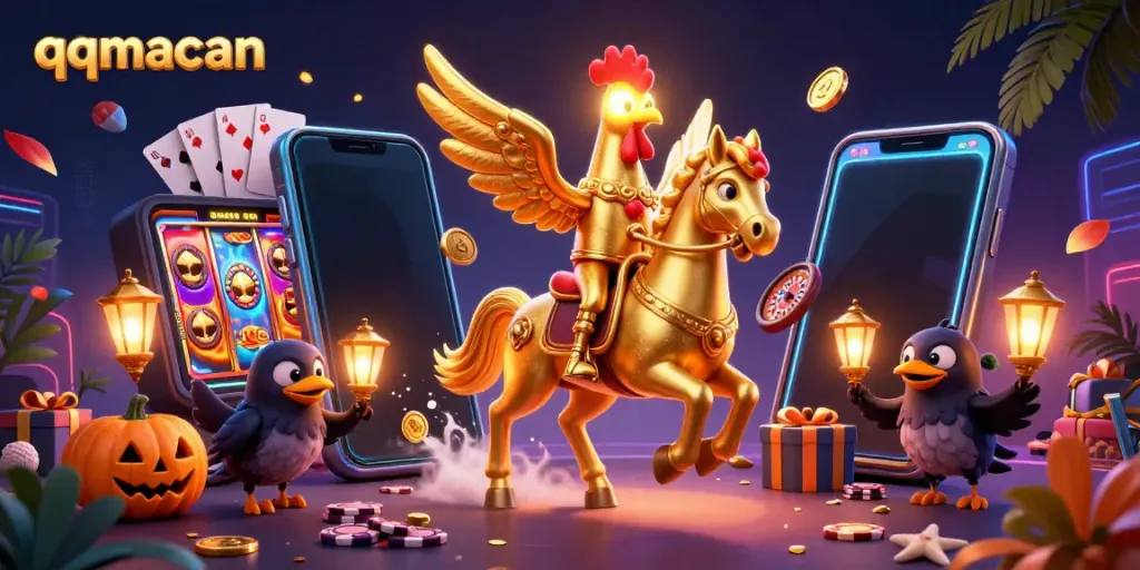 Experience thrilling gameplay at qqmacan with a golden rooster in a vibrant casino scene, showcasing exciting gaming elements.
