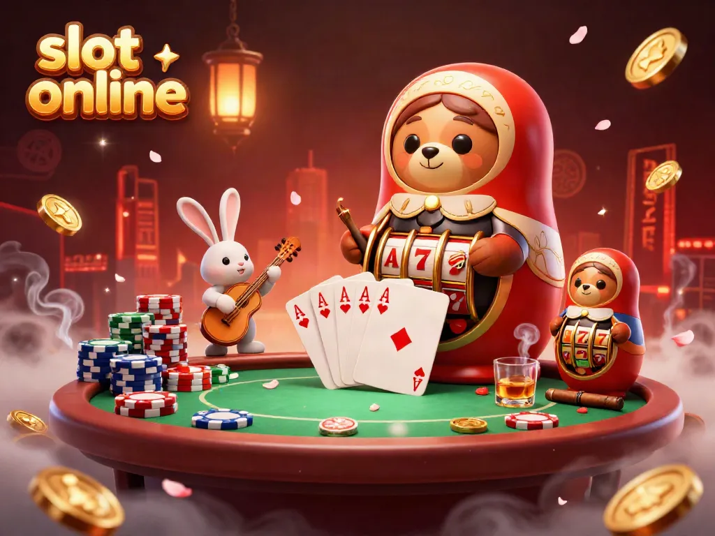 Experience slot online excitement with this vibrant 3D illustration showcasing playful characters and casino elements.
