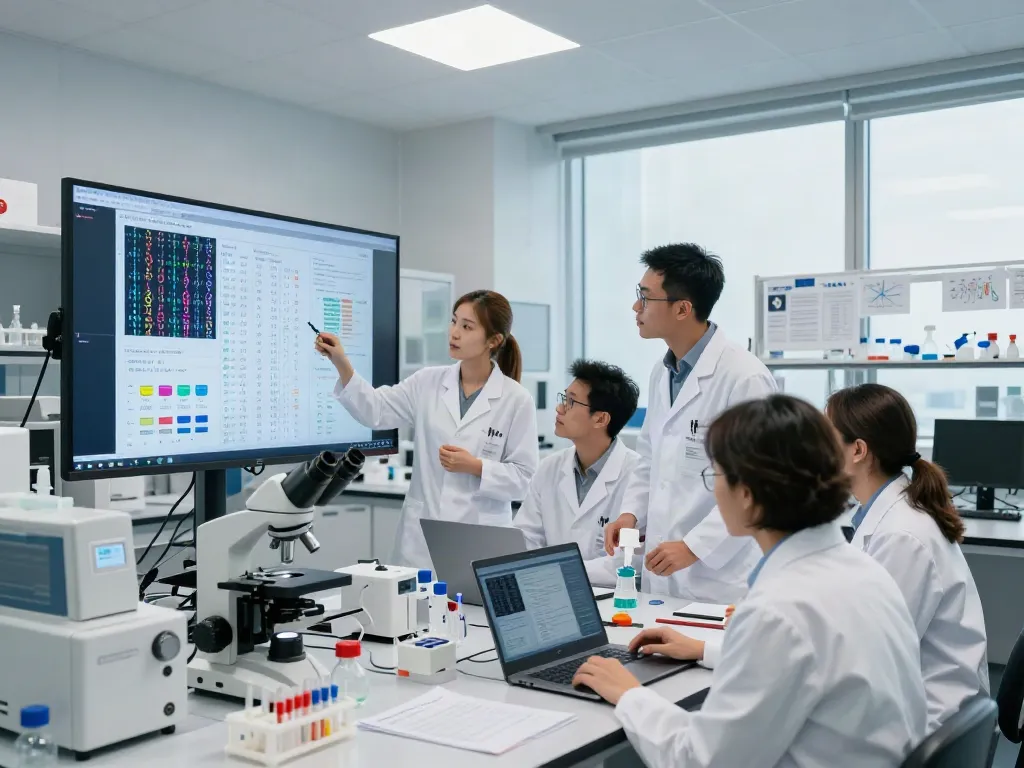 Cancer precision medicine researchers collaborating in a modern lab with genomic data and focus on innovative treatments.