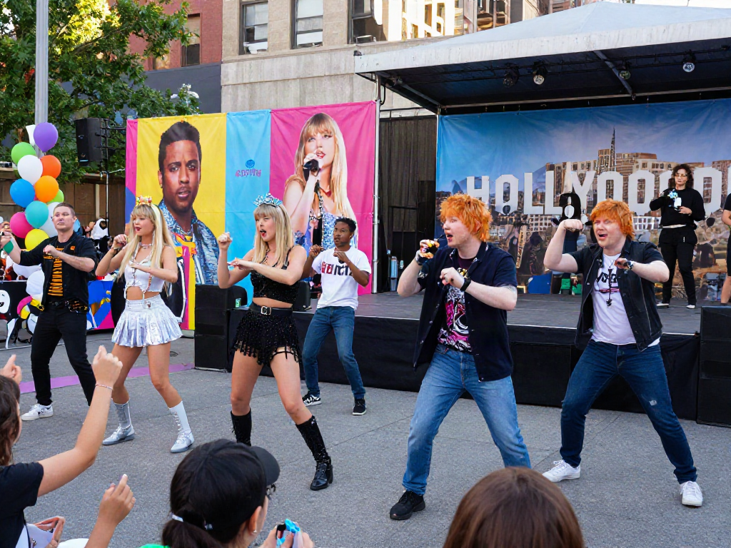 Friends dressed as look alikes of famous people celebrate at an outdoor contest, showcasing creativity and fun in a colorful urban setting.