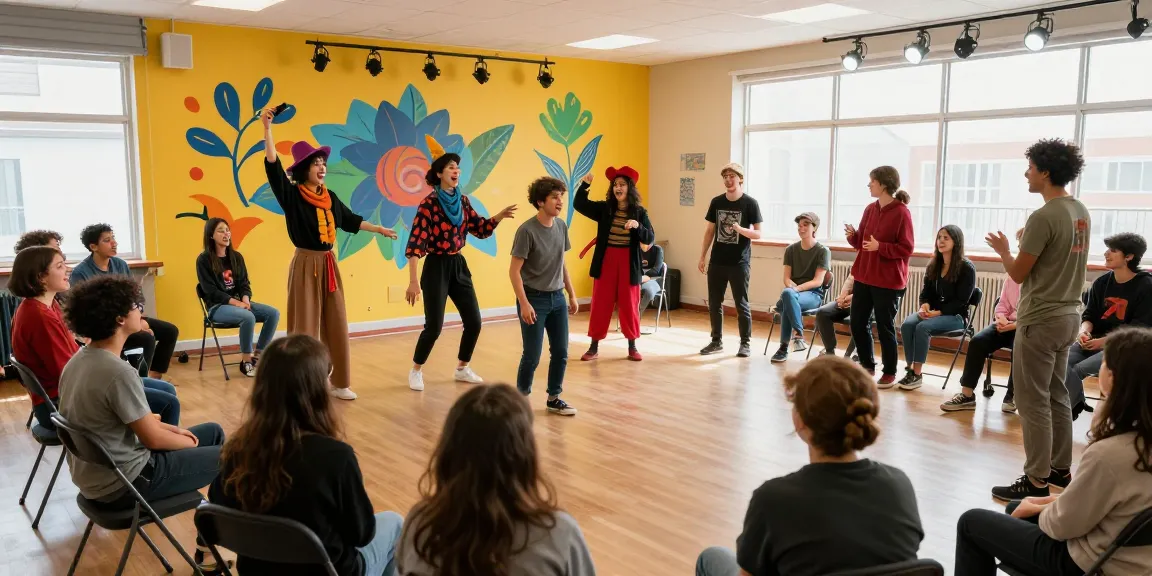 Improv for beginners workshop showing diverse participants engaged in playful theater exercises, fostering creativity and connection.