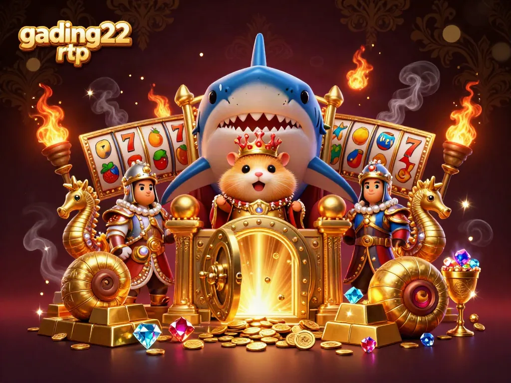 Experience the gading22 rtp world with a fierce hamster king and dazzling slot elements in an 8K casino setting.