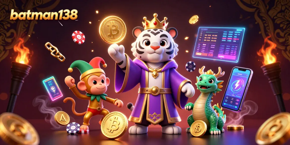 Experience thrilling gaming at batman138 with an inviting casino scene featuring vibrant characters and crypto elements.