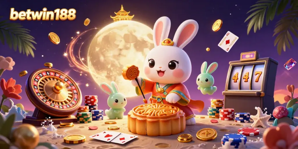 Aksi seru di betwin188 dengan karakter kelinci bulan, chip poker, dan desain modern