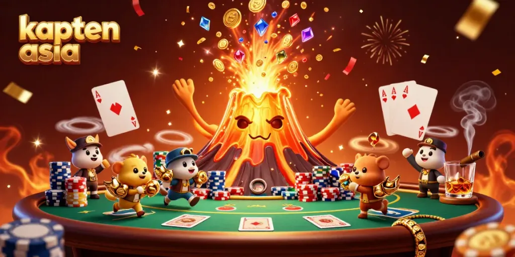 Kapten Asia menampilkan gunung berapi emas yang memancarkan koin dan harta karun, sekaligus permainan poker.