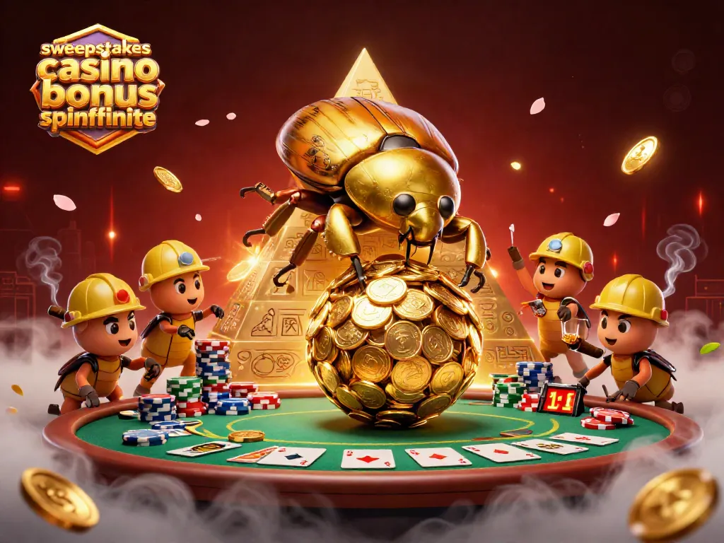 Engage with sweepstakes casino bonus spinfinite through an exciting gold coin scene featuring beetles and poker elements.