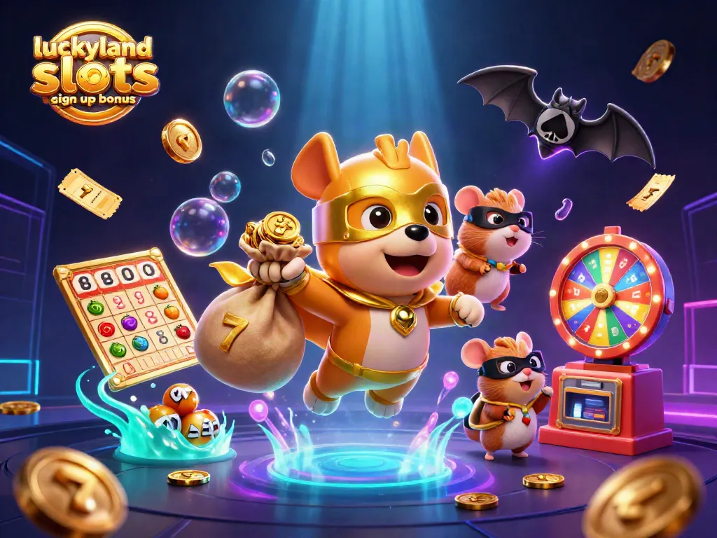 Win with the luckyland slots sign up bonus, featuring a heroic dog and vibrant casino elements.