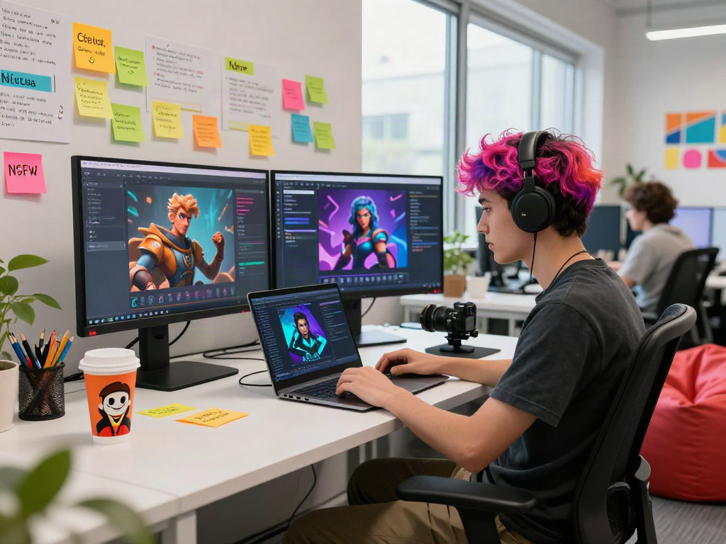 Dynamic workspace with character AI nsfw features displayed on monitors, vibrant atmosphere showcasing tech innovation.