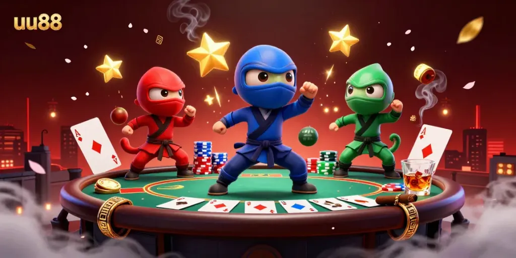 Engage with uu88's vibrant scene featuring chameleon ninjas synchronized on a poker rooftop.