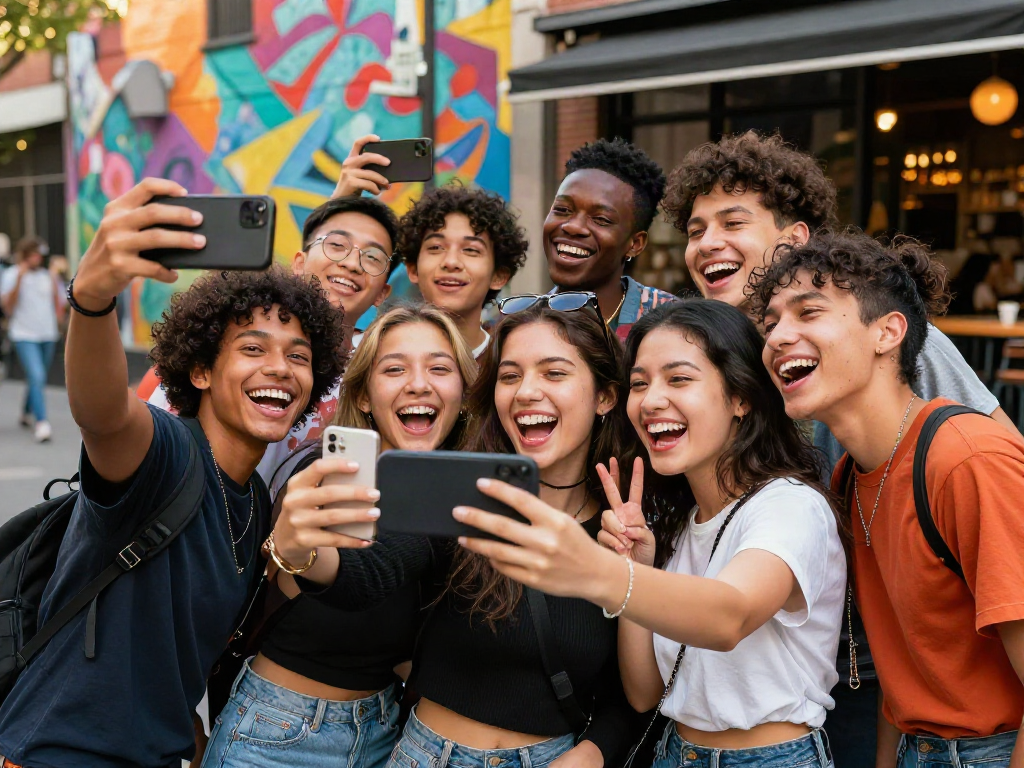 Group of friends taking selfies to see how old do I look, vibrant urban street and playful atmosphere.