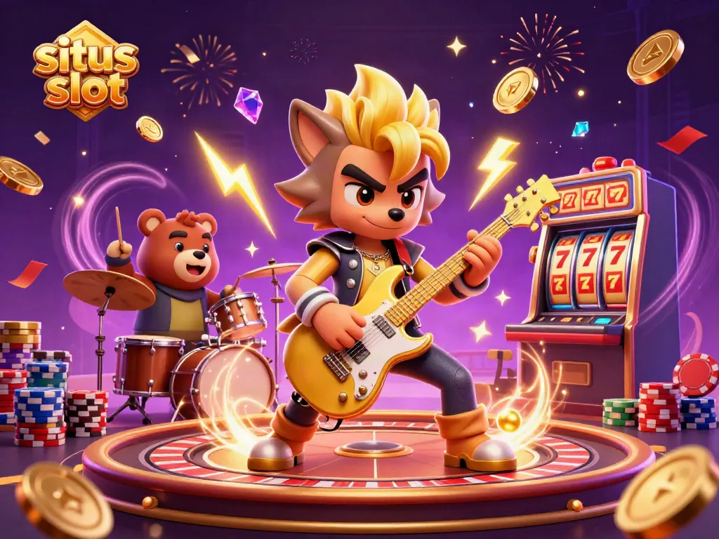 Experience the excitement of situs slot with dazzling cartoon characters in a vibrant casino scene.