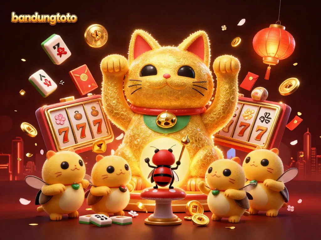 Engage with bandungtoto's vibrant 3D lucky cat illustration combined with dynamic casino elements for immersive gaming.