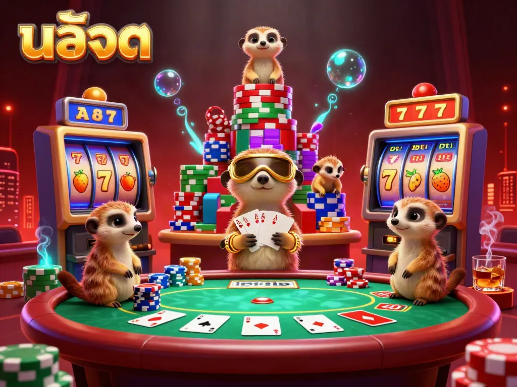 Experience modern สล็อต gaming with a lively scene of meerkats amidst vibrant slot machine symbols.