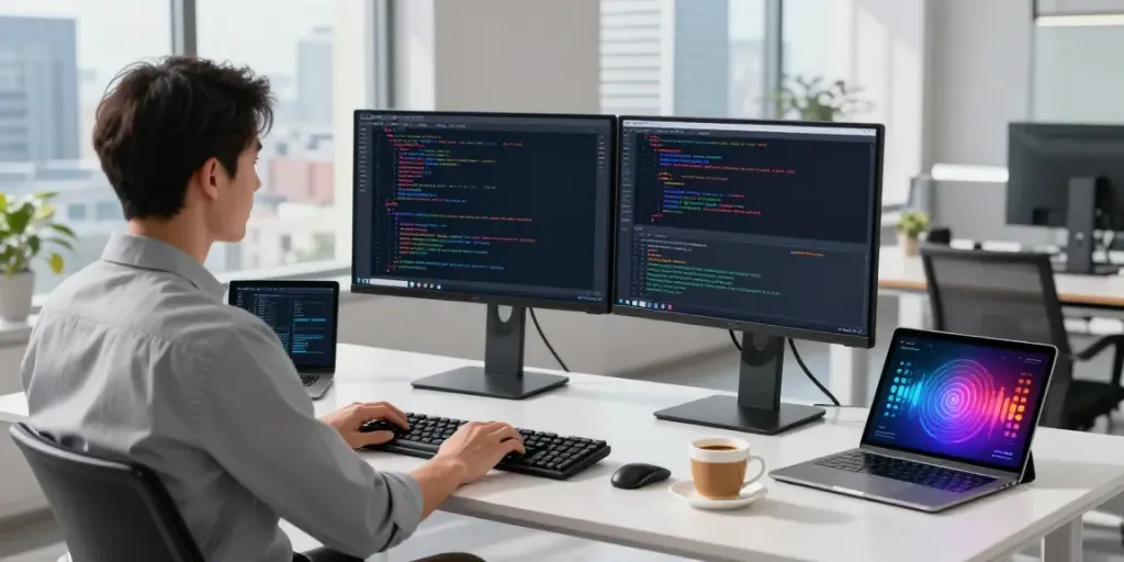 Professional workspace illustrating what are AI tokens with coding displays and modern tech setup.