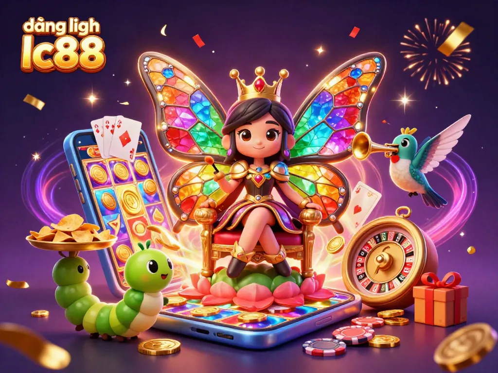 Spin to win with đăng nhập lc88, showcasing a vibrant 3D casino scene with a butterfly queen and exciting game elements.