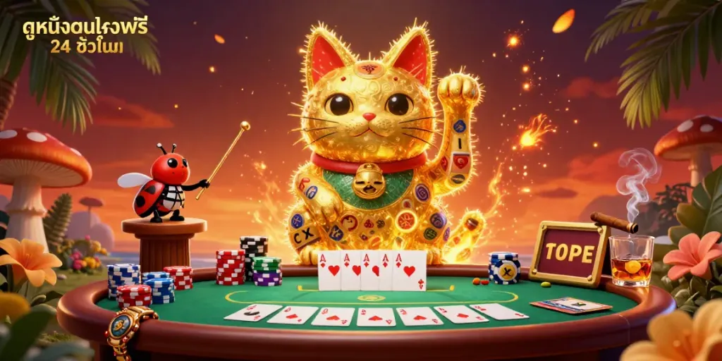 Watch a giant lucky cat made of golden fireflies wave among casino symbols while enjoying ดูหนังออนไลน์ฟรี 24 ชั่วโมง.