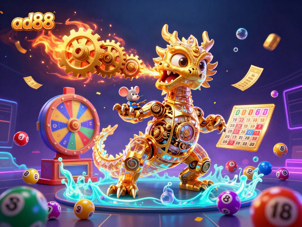 Play the thrilling ad88 lottery as colorful balls and riches explode in a casino fantasy.