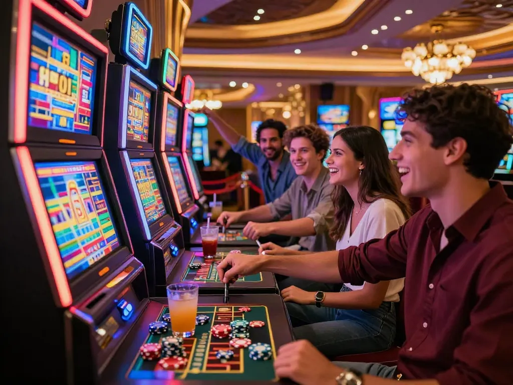 Group enjoying a thrilling สล็อต game at a casino with vibrant lights and excitement.