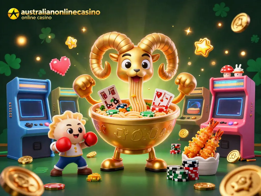 A dynamic scene of the australianonlinecasino online casino featuring vibrant characters and gaming elements.