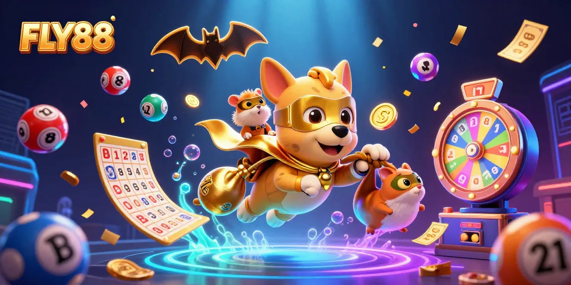 FLY88 superhero dog and sidekick hamster soar through vibrant lottery-themed chaos, collecting winnings.