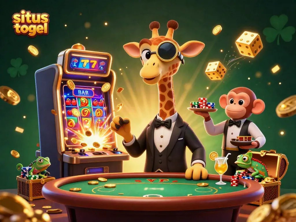 Situs togel illustration featuring a high-roller giraffe and lively casino scene with vibrant visuals.