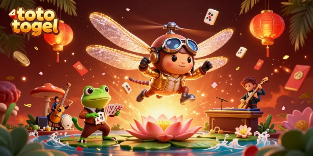 Experience exciting toto togel action with a vibrant casino scene featuring a dragonfly pilot and a frog croupier.