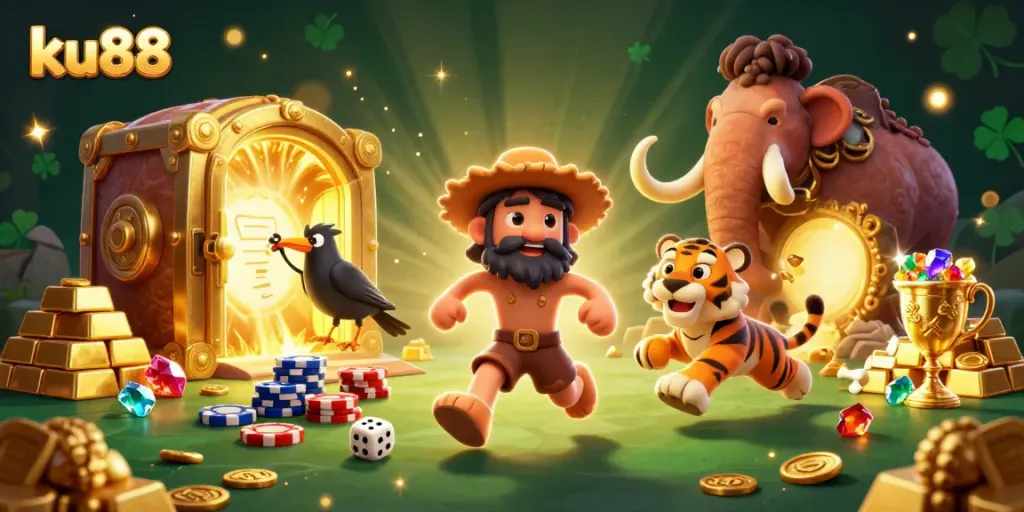 ku88 offers an engaging prehistoric casino experience with caveman and sabertooth tiger characters.