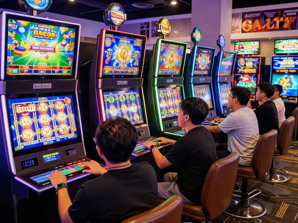 Excited players immersed in slot online gacor gameplay at a modern gaming venue.