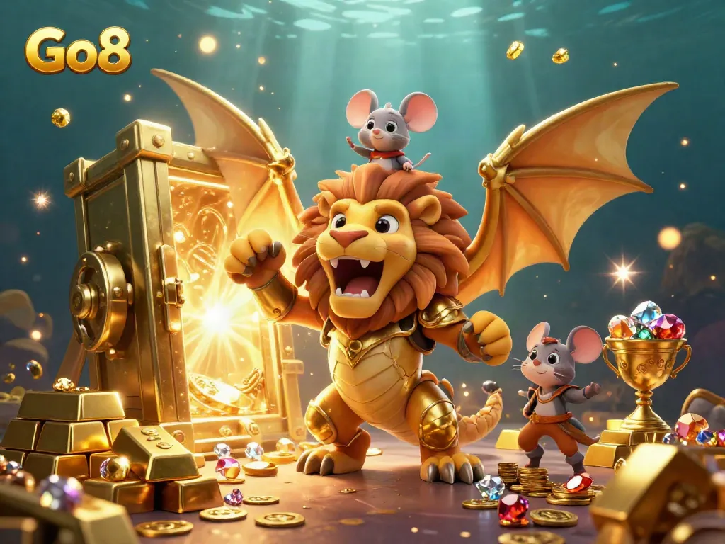Experience thrilling gameplay at Go8 with a roaring chimera and treasures in a vibrant casino scene.