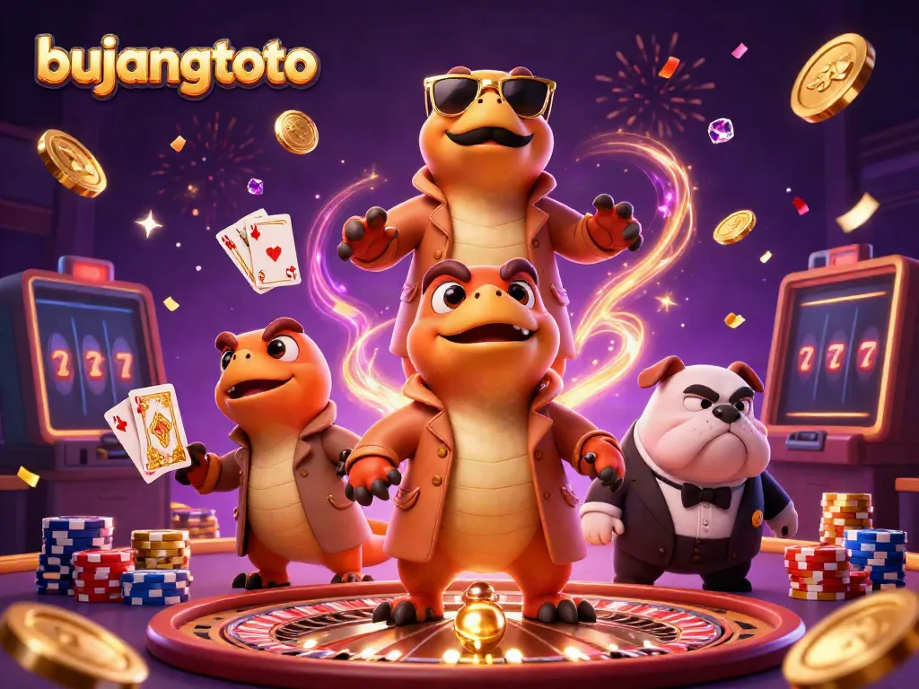 Engage with bujangtoto as clever raptors sneak into a VIP casino lounge in this vibrant illustration.