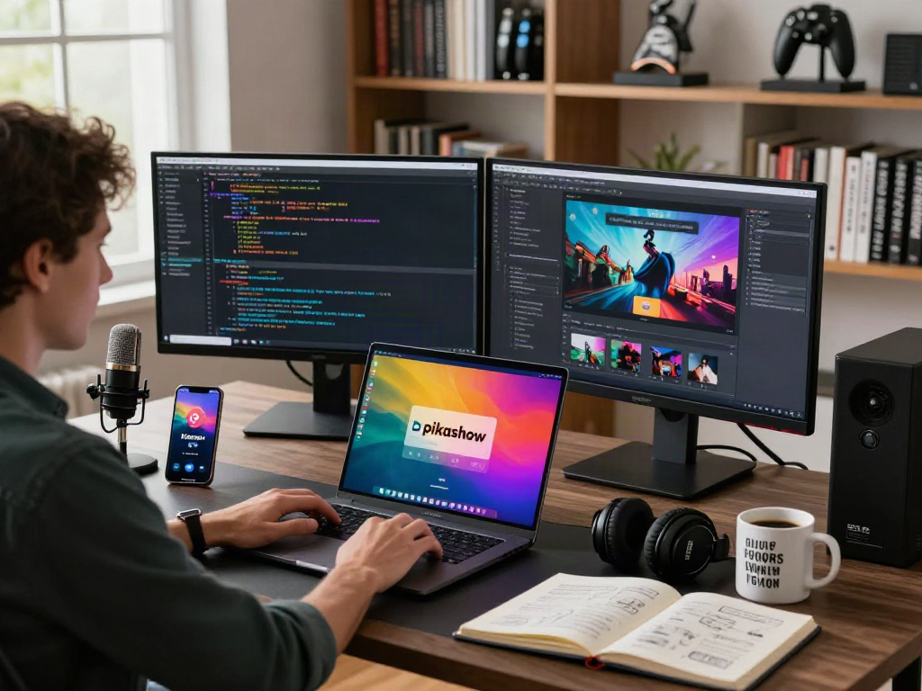 Person using the pikashow app on a laptop in a modern home office setup.