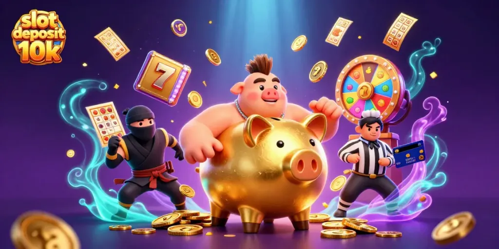Experience slot deposit 10k excitement with animated characters amidst vibrant casino elements and golden coins.