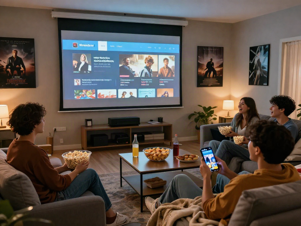 Friends enjoying a movie night using the Moviebox app in a cozy home theater setting.